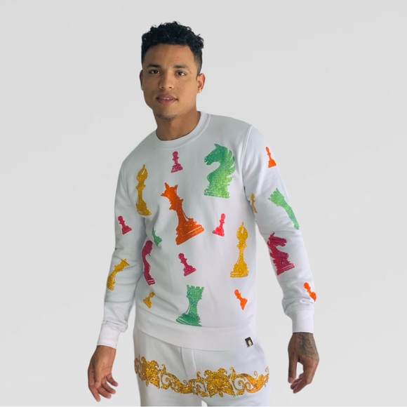 Men’s Tolga Kisa CHESS White Rhinestone Crewneck